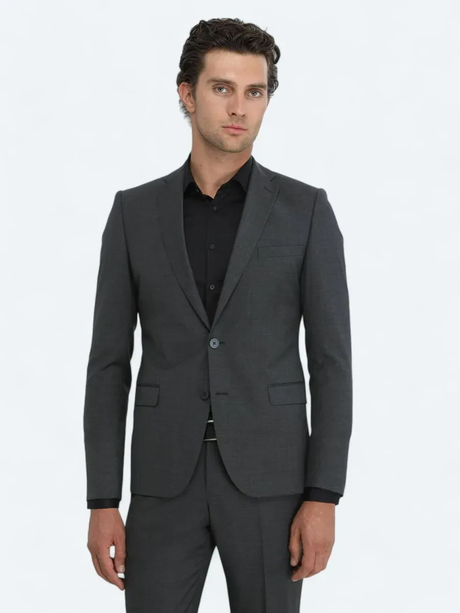 Antrasit Düz Modern Fit Yün Karışımlı Takım Elbise - 1