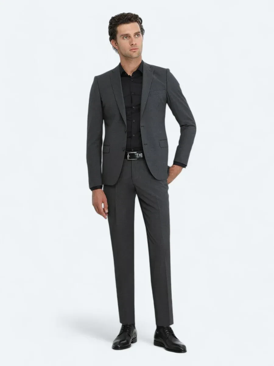 Antrasit Düz Modern Fit Yün Karışımlı Takım Elbise - 2