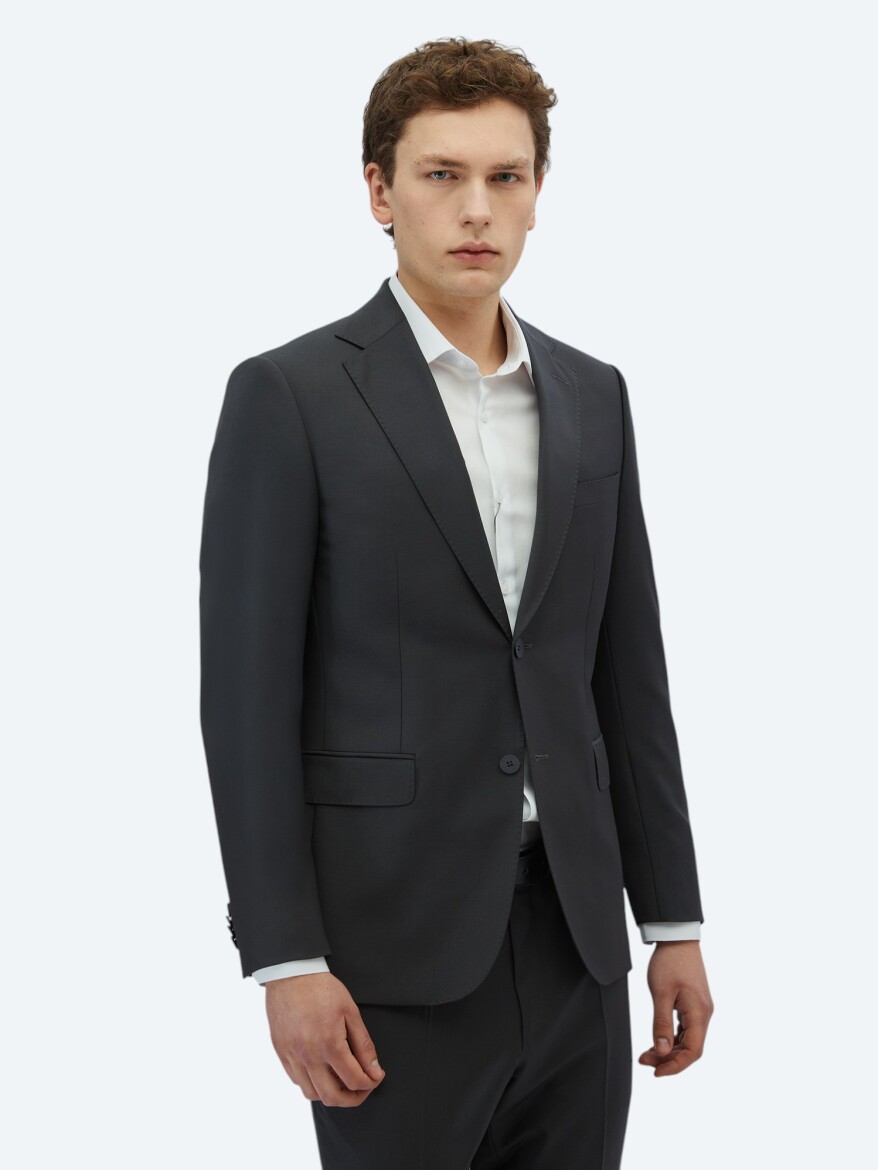 Antrasit Düz Modern Fit Yün Karışımlı Takım Elbise - 1