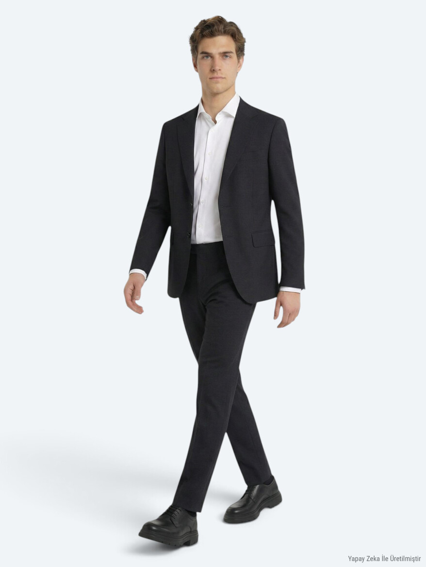 Antrasit Düz Modern Fit Yün Karışımlı Takım Elbise - KİP