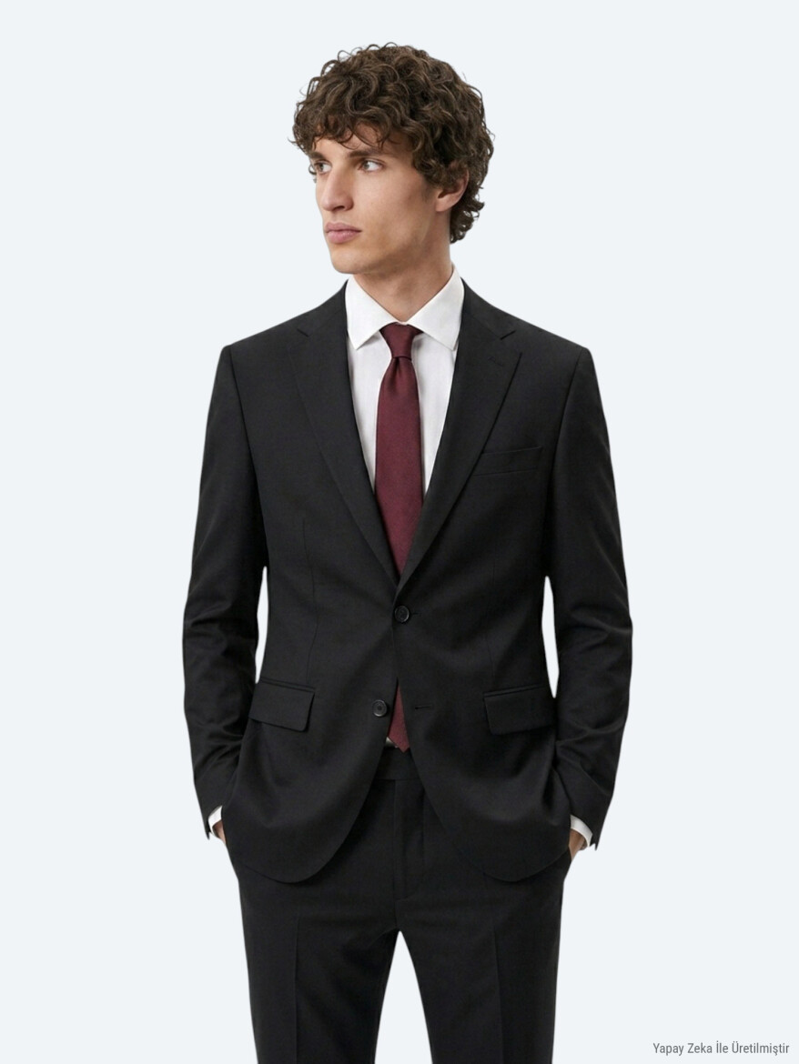 Antrasit Düz Modern Fit Yün Karışımlı Takım Elbise - KİP
