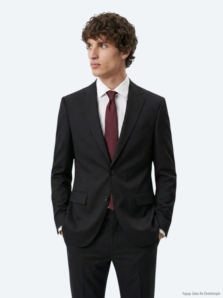 Antrasit Düz Modern Fit Yün Karışımlı Takım Elbise - 1