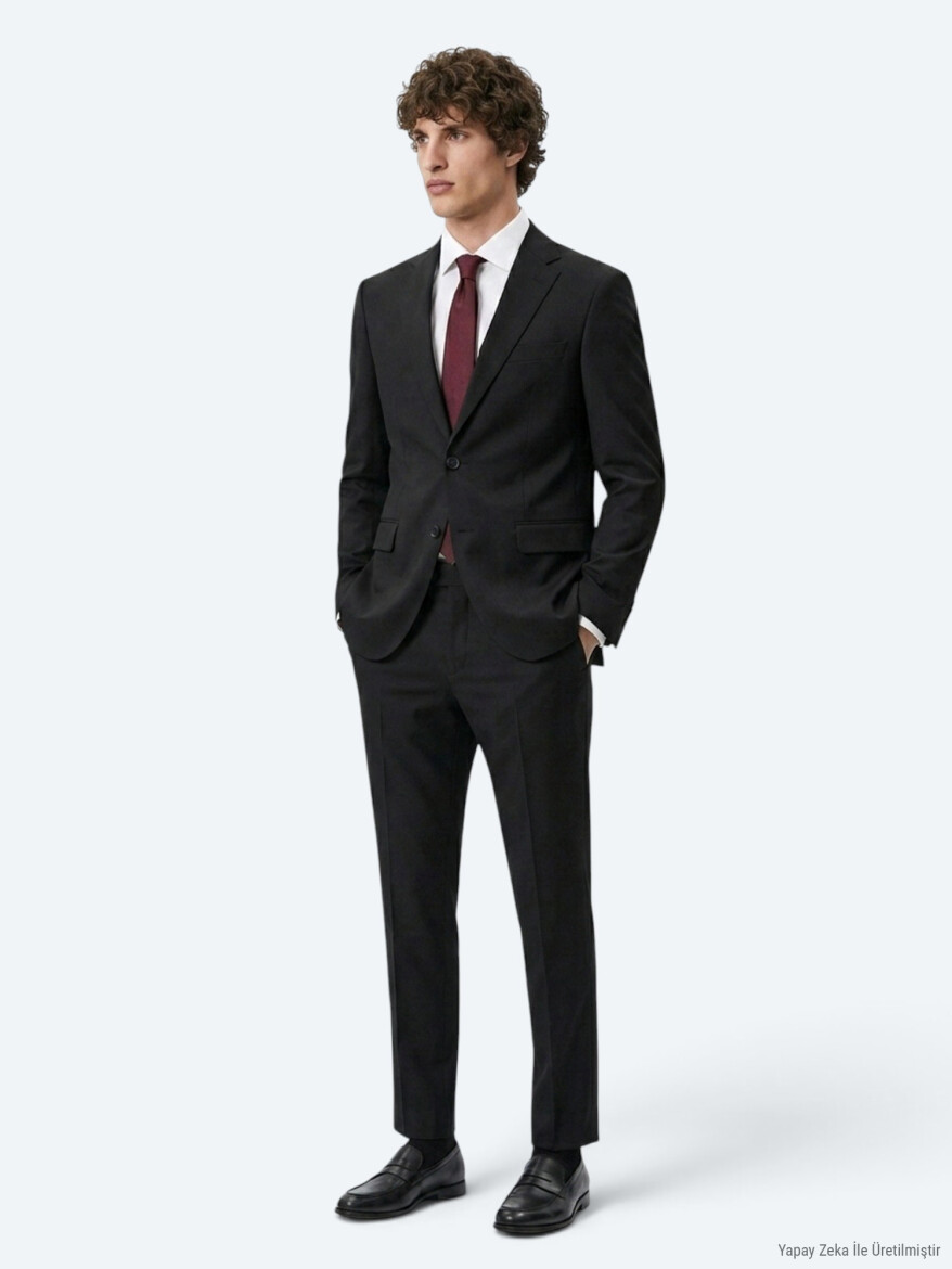 Antrasit Düz Modern Fit Yün Karışımlı Takım Elbise - 4