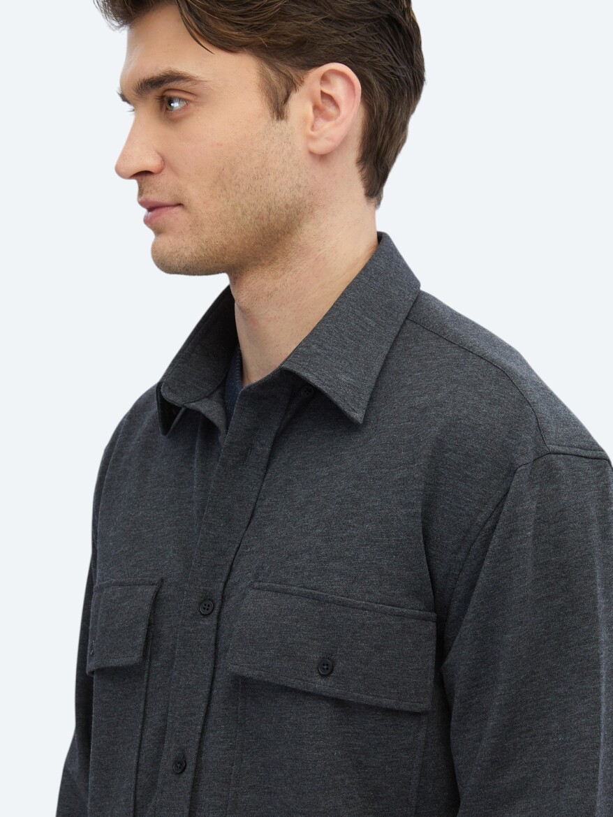 Antrasit Düz Oversize Fit Uzun Casual Pamuk Karışımlı Gömlek - 5