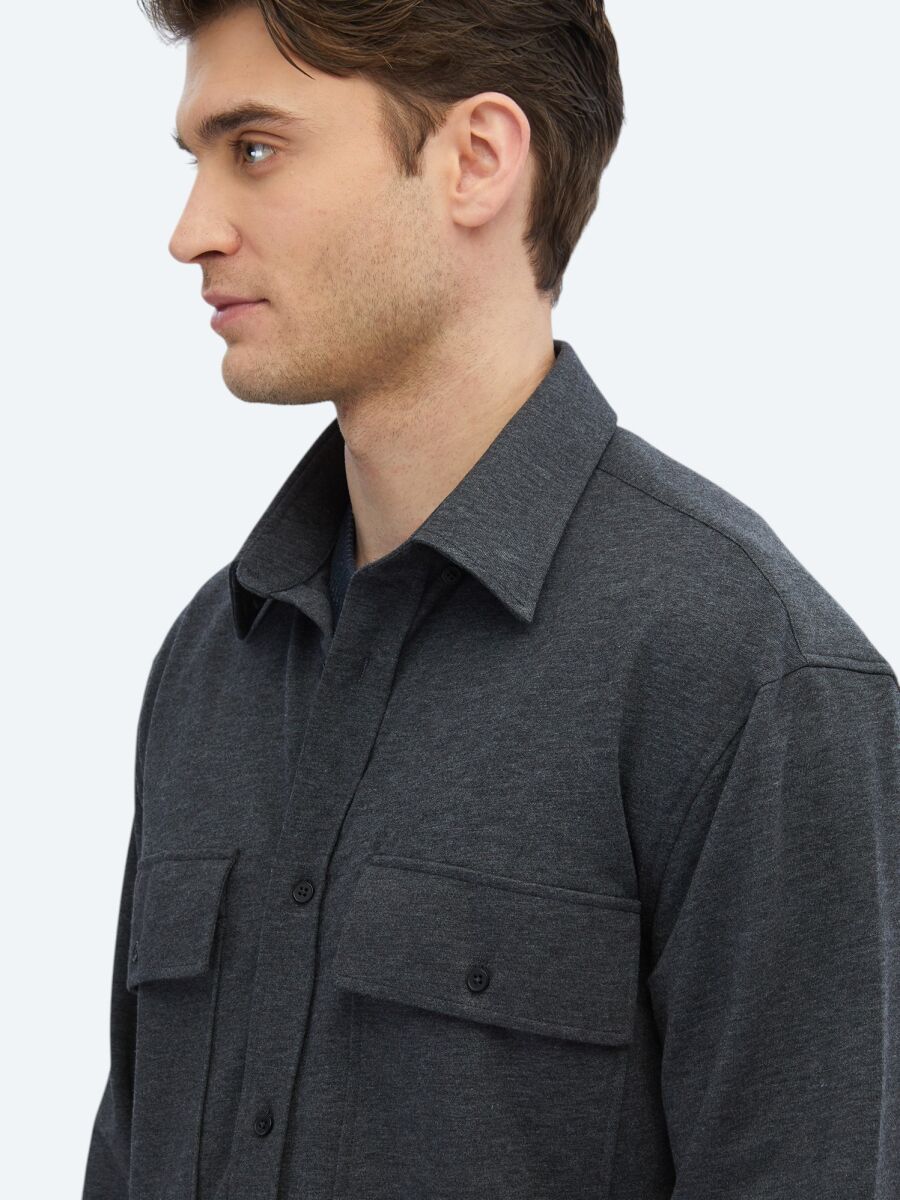Antrasit Düz Oversize Fit Uzun Casual Pamuk Karışımlı Gömlek - 5