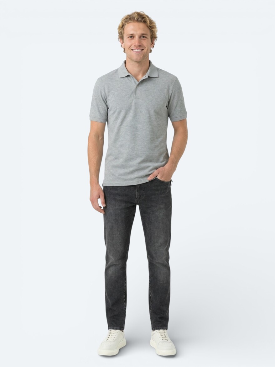 Antrasit Düz Polo Yaka Pamuk Karışımlı T-Shirt - 3