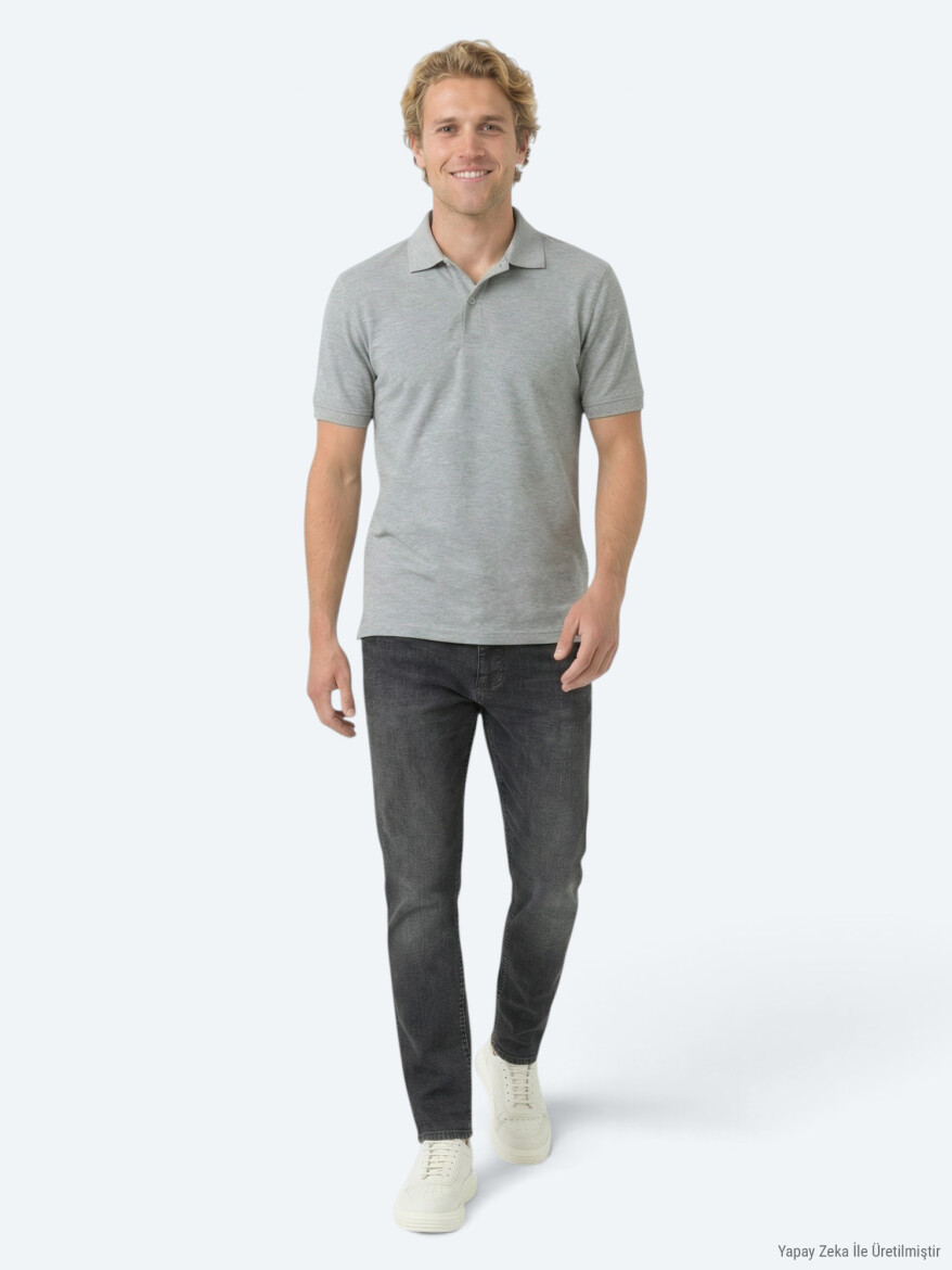 Antrasit Düz Polo Yaka Pamuk Karışımlı T-Shirt - KİP