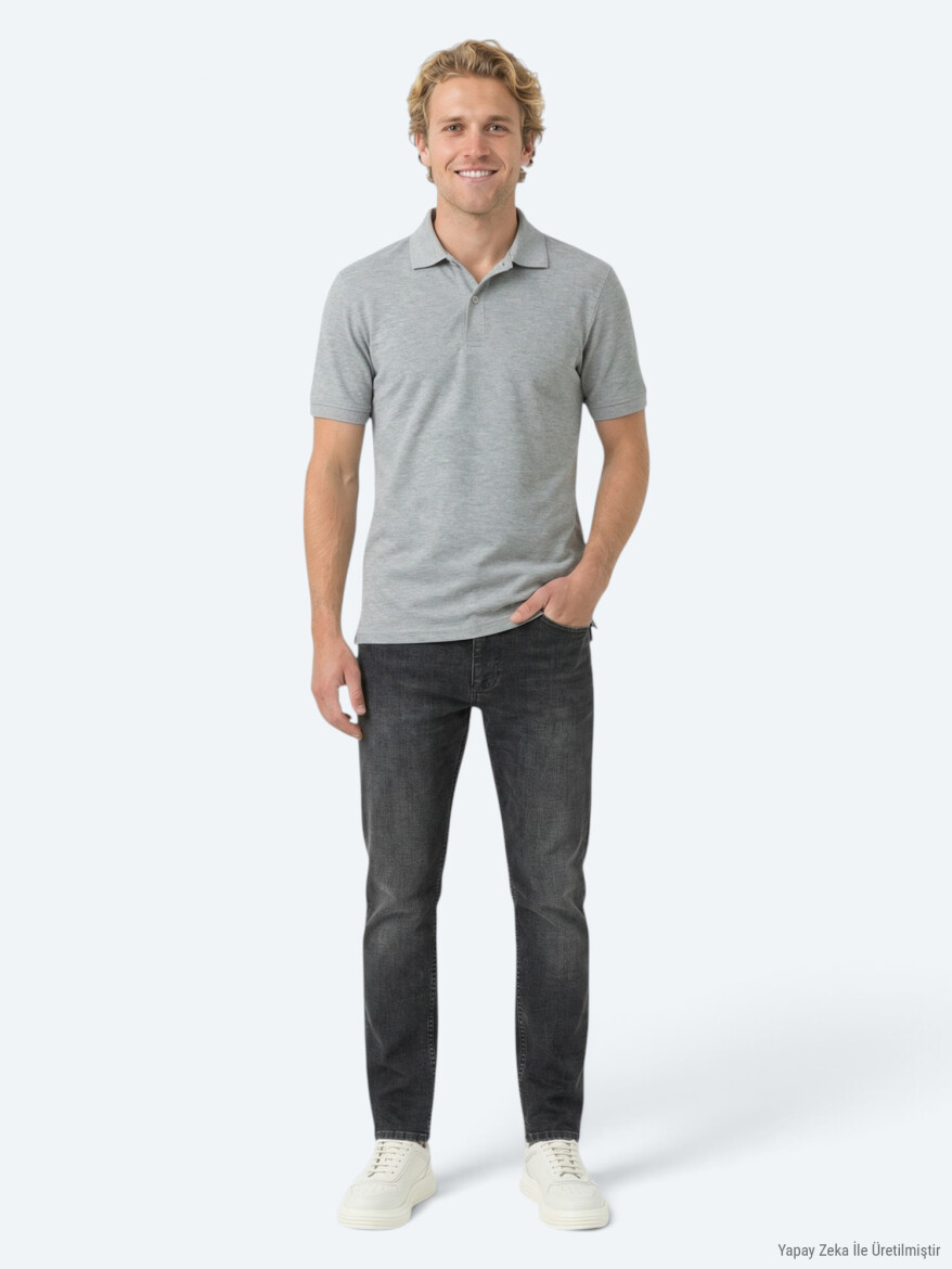 Antrasit Düz Polo Yaka Pamuk Karışımlı T-Shirt - 3