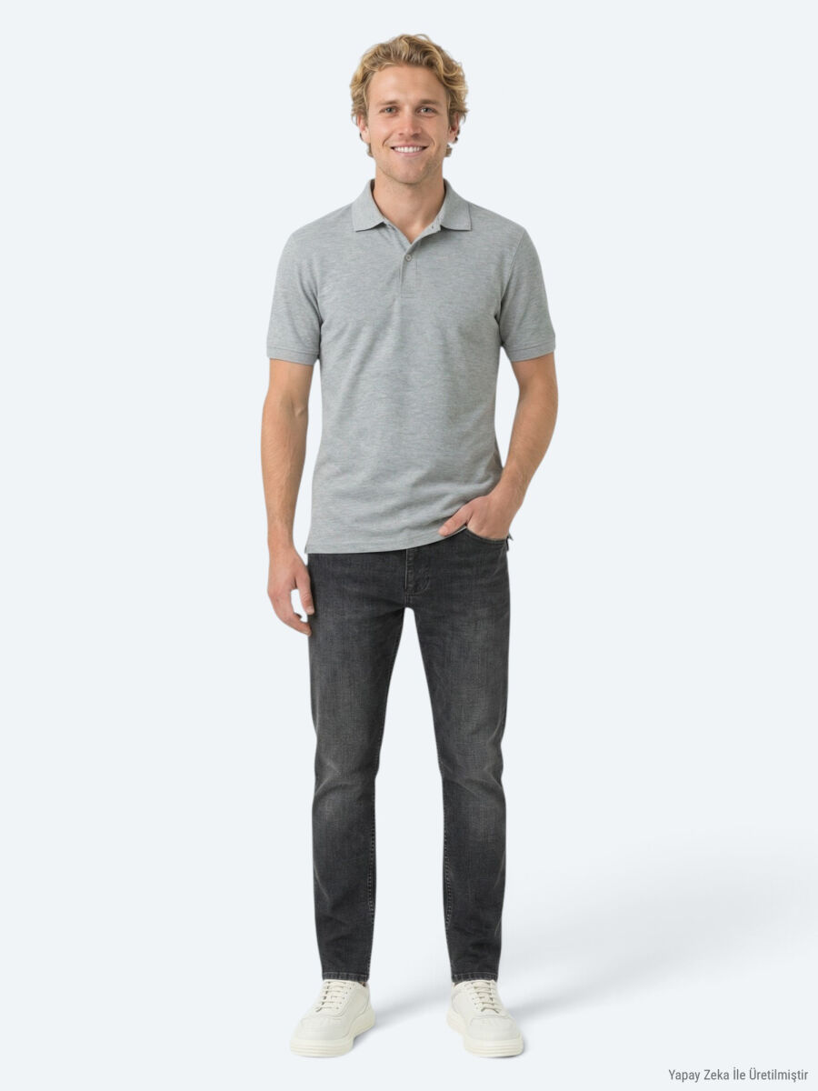 Antrasit Düz Polo Yaka Pamuk Karışımlı T-Shirt - 3