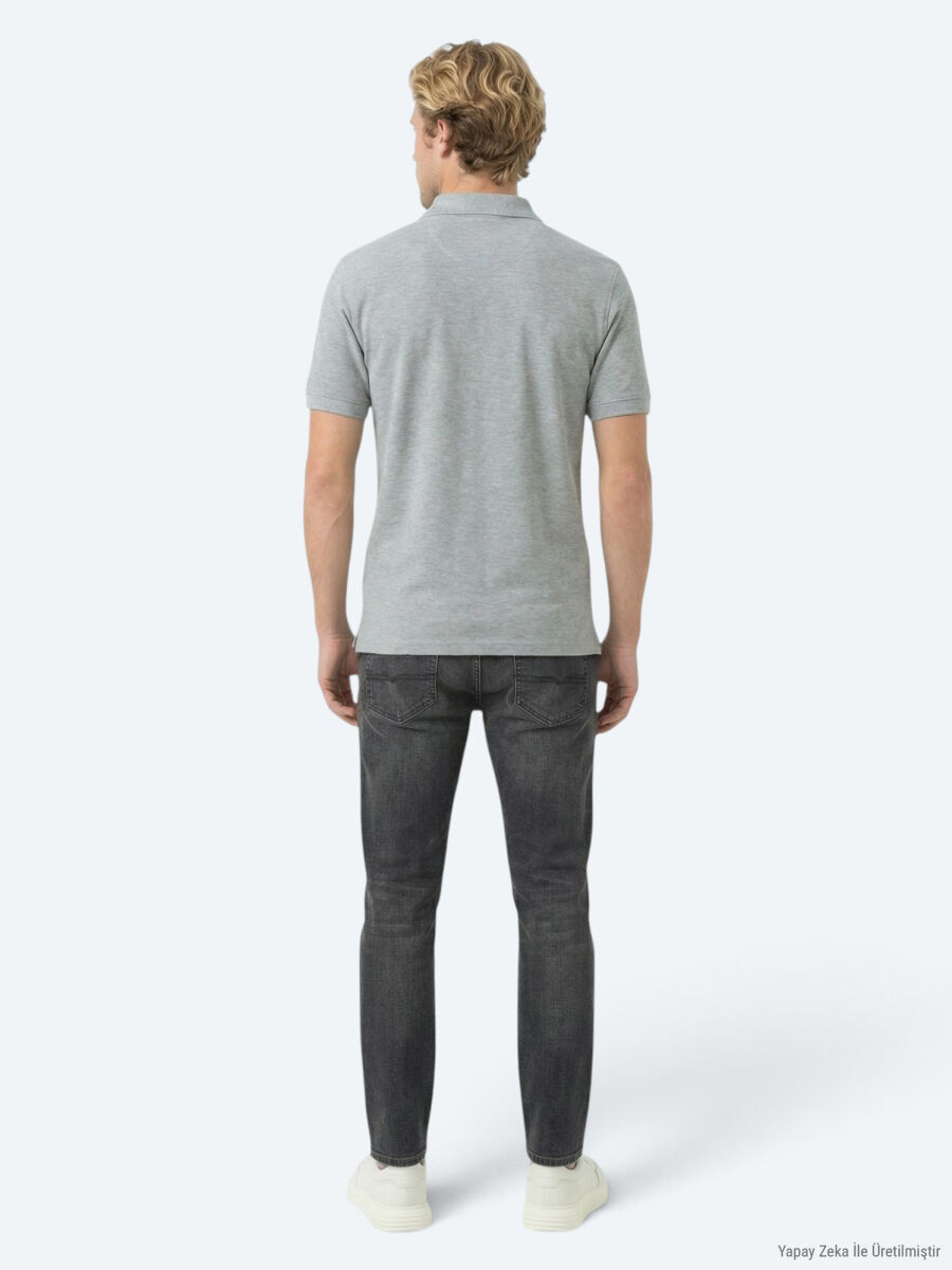 Antrasit Düz Polo Yaka Pamuk Karışımlı T-Shirt - 4