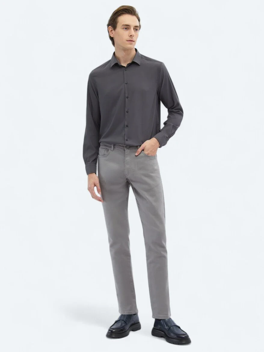 Antrasit Düz Regular Fit Dokuma Casual Gömlek - 2