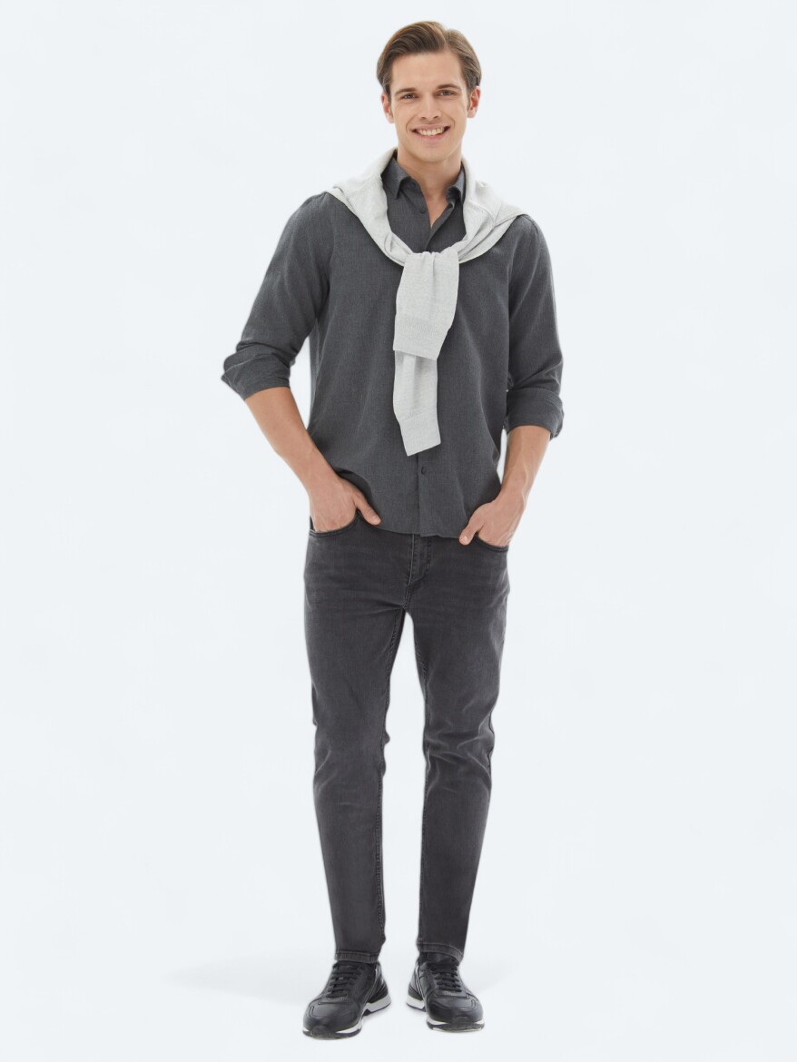 Antrasit Düz Regular Fit Dokuma Casual Pamuk Karışımlı Gömlek - KİP