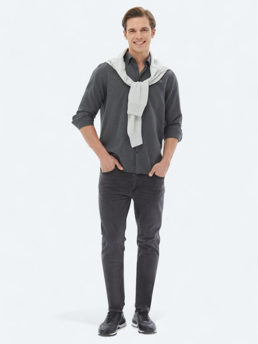 Antrasit Düz Regular Fit Dokuma Casual Pamuk Karışımlı Gömlek - 2