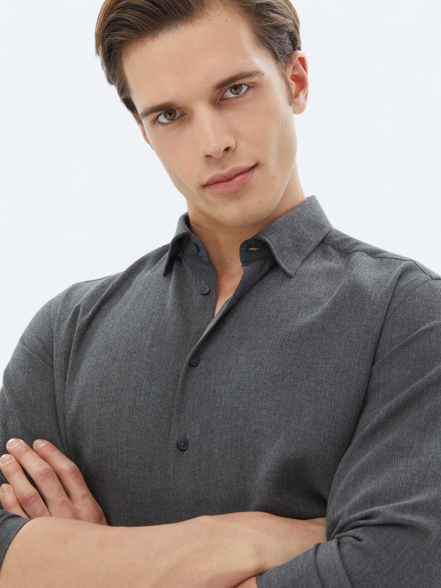 Antrasit Düz Regular Fit Dokuma Casual Pamuk Karışımlı Gömlek - 4