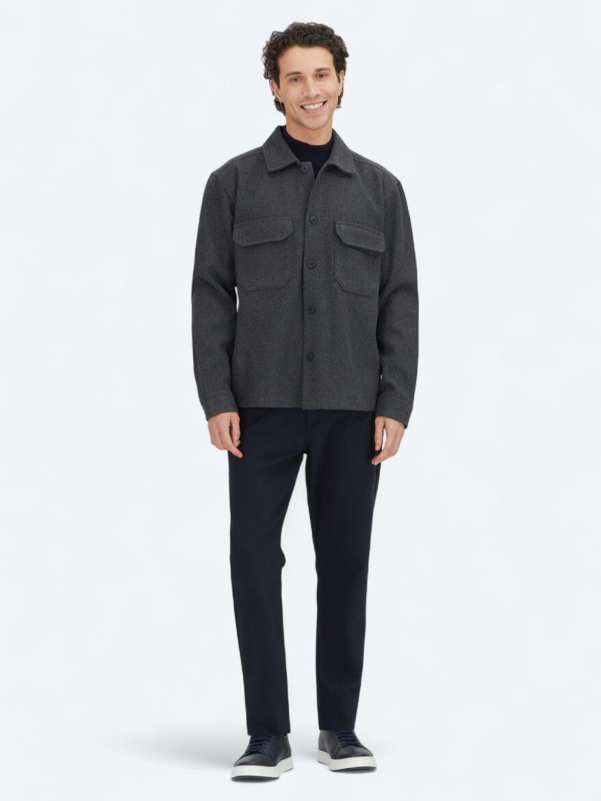 Antrasit Düz Regular Fit Dokuma Overshırt - KİP