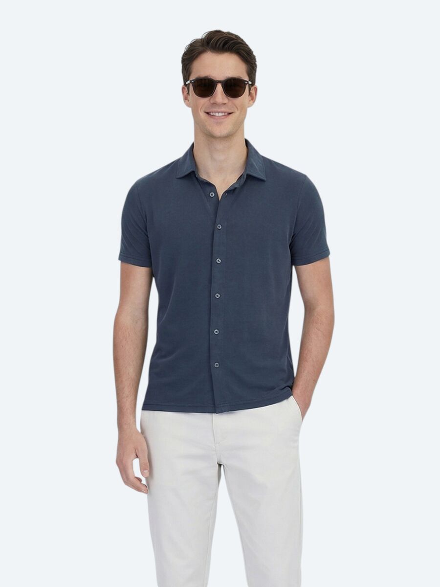 Antrasit Düz Regular Fit Kısa Casual Gömlek - 1