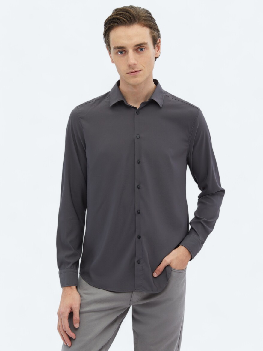 Antrasit Düz Regular Fit Uzun Dokuma Casual Gömlek - 3
