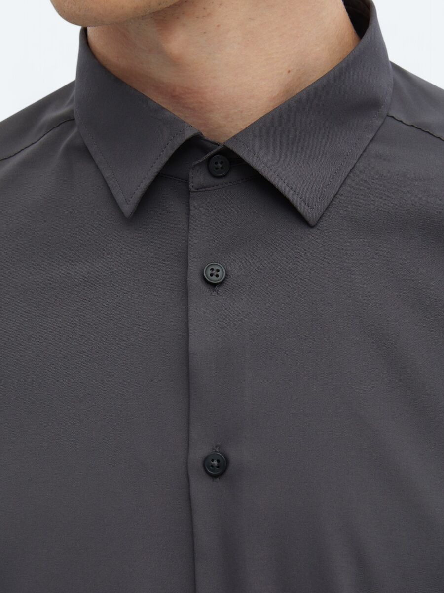 Antrasit Düz Regular Fit Uzun Dokuma Casual Gömlek - 4