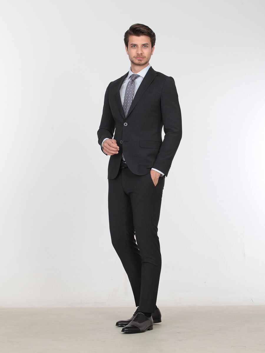 Antrasit Düz Slim Fit Yün Karışımlı Takım Elbise - 2