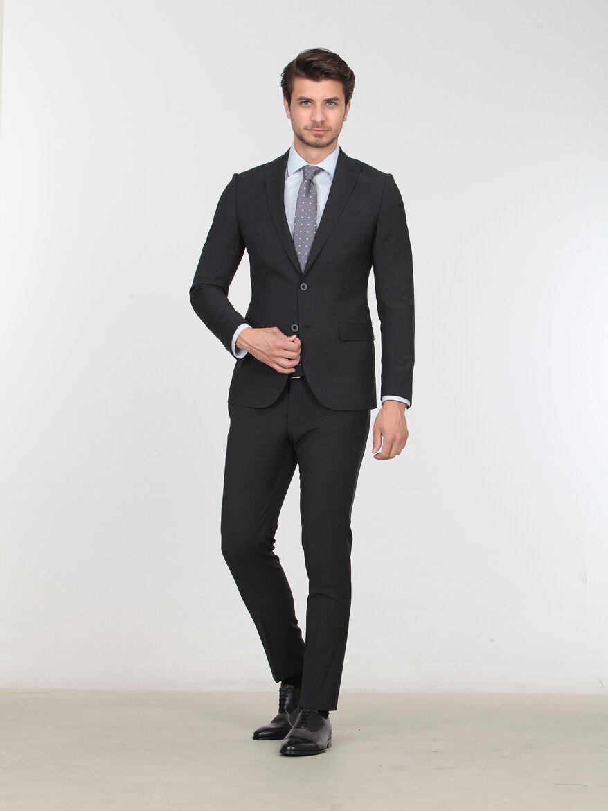 Antrasit Düz Slim Fit Yün Karışımlı Takım Elbise - 3