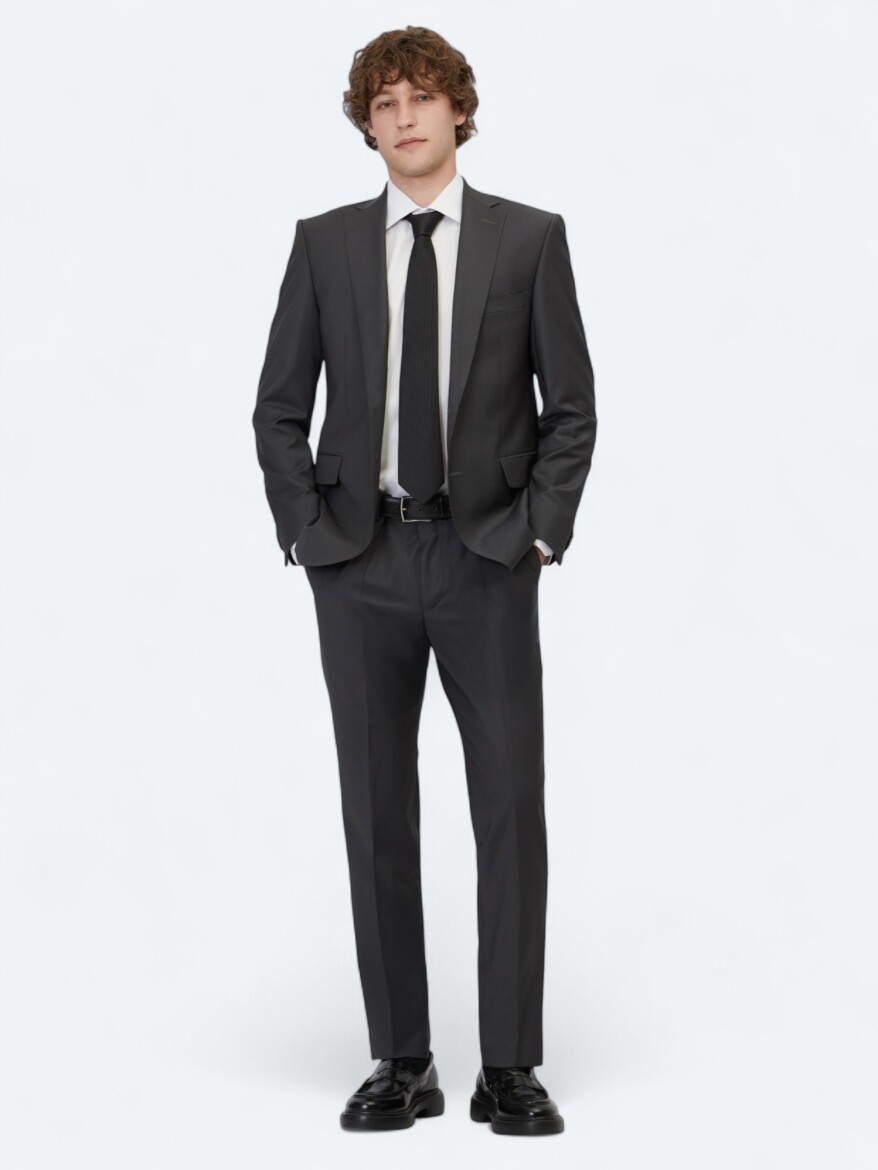 Antrasit Düz Slim Fit Yün Karışımlı Takım Elbise - KİP