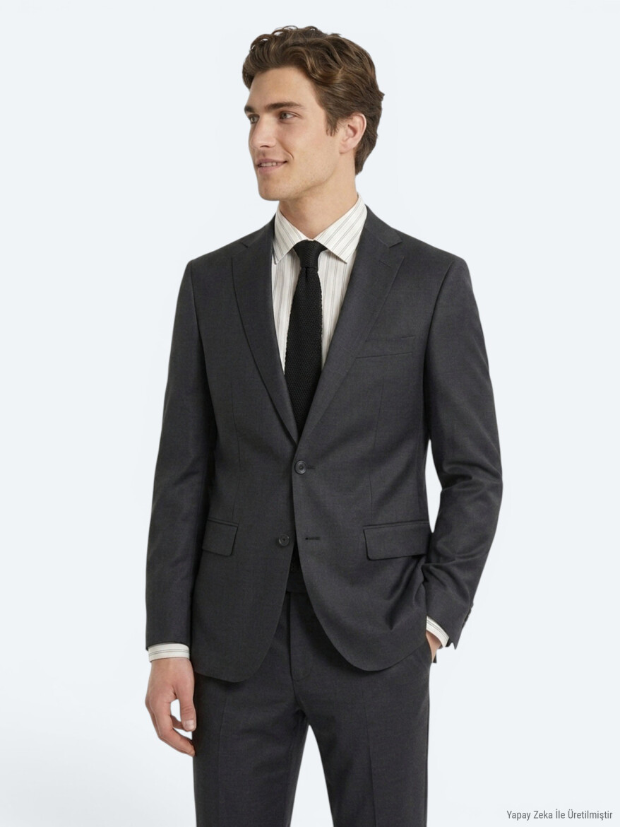 Antrasit Düz Slim Fit Yün Karışımlı Takım Elbise - 4