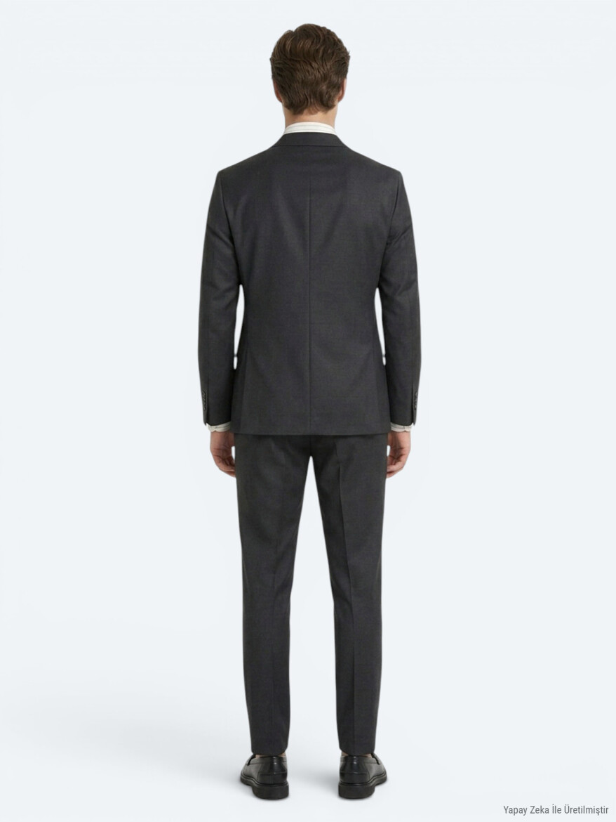 Antrasit Düz Slim Fit Yün Karışımlı Takım Elbise - 5