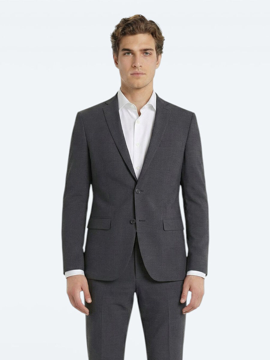 Antrasit Düz Slim Fit Yün Karışımlı Takım Elbise - 3