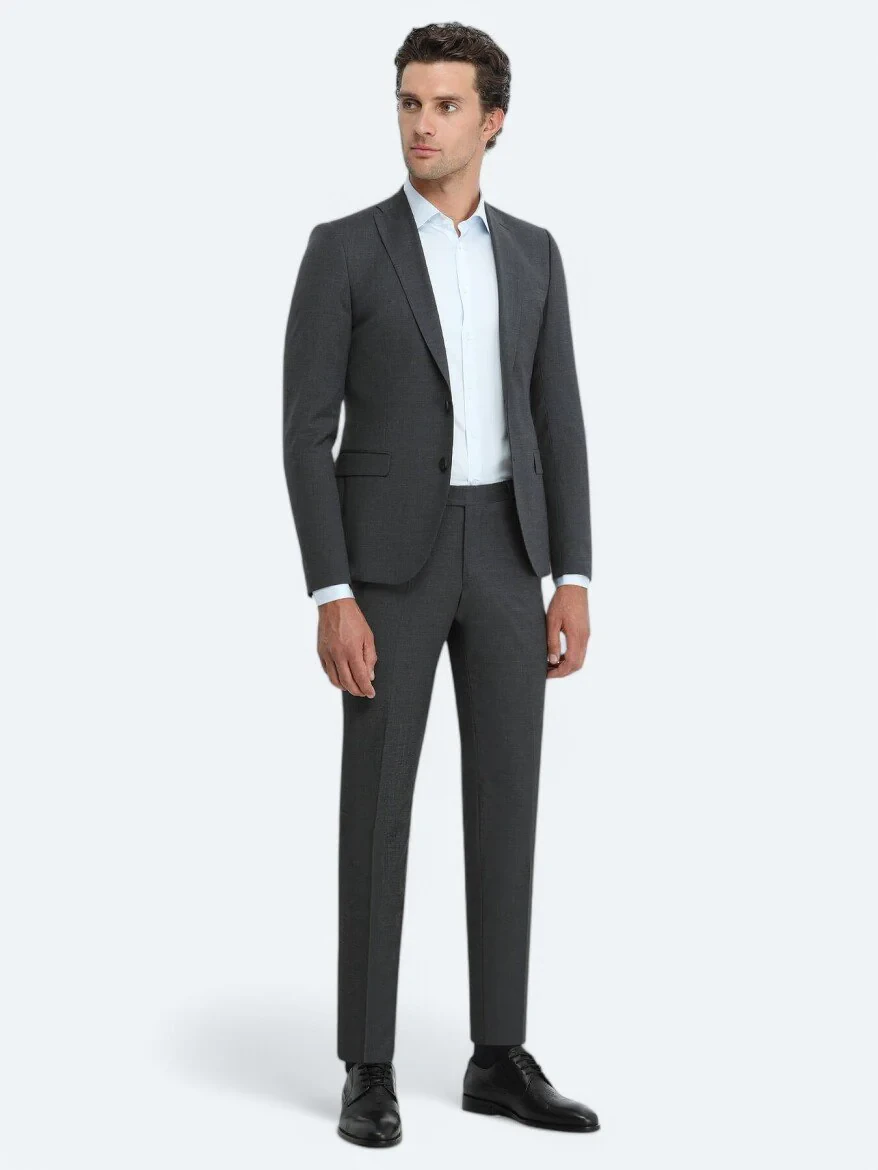 Antrasit Düz Slim Fit Yün Karışımlı Takım Elbise - 1