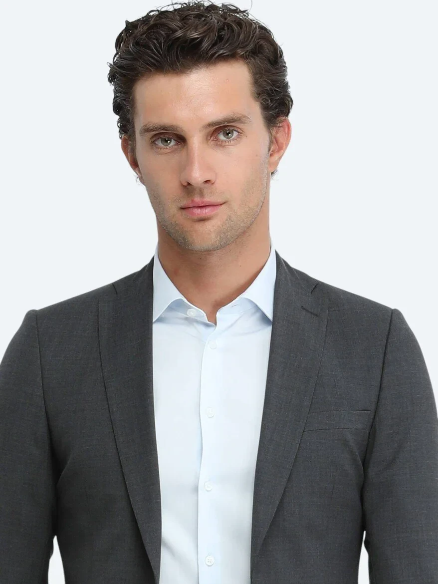 Antrasit Düz Slim Fit Yün Karışımlı Takım Elbise - 3