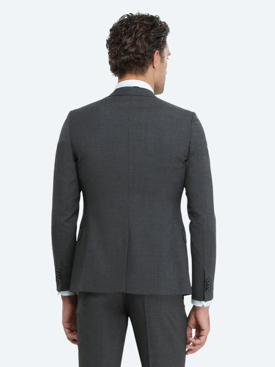 Antrasit Düz Slim Fit Yün Karışımlı Takım Elbise - 4