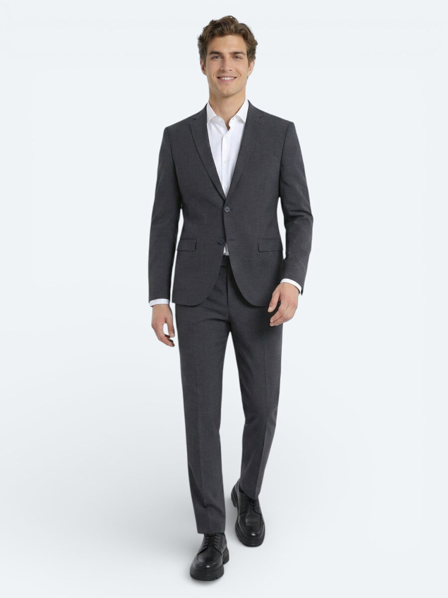 Antrasit Düz Slim Fit Yün Karışımlı Takım Elbise - 1