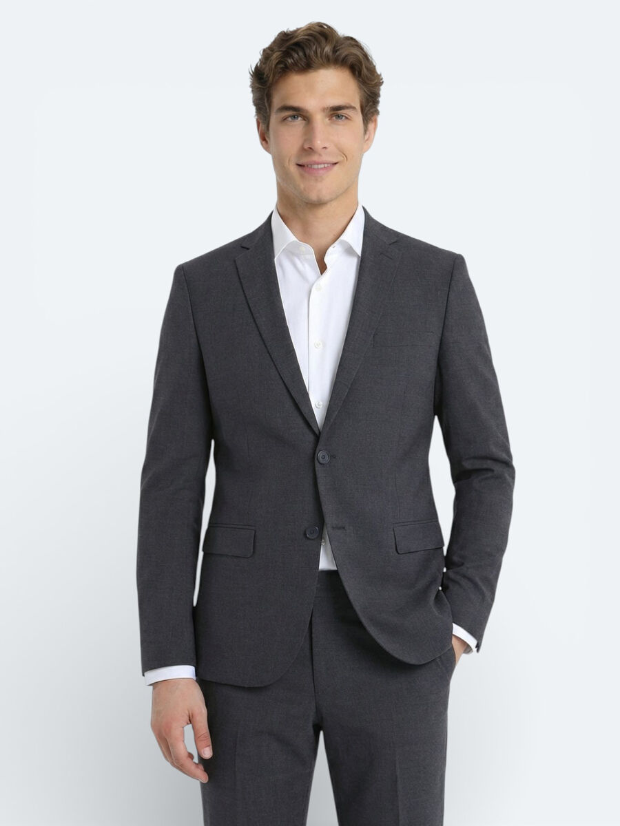 Antrasit Düz Slim Fit Yün Karışımlı Takım Elbise - 2