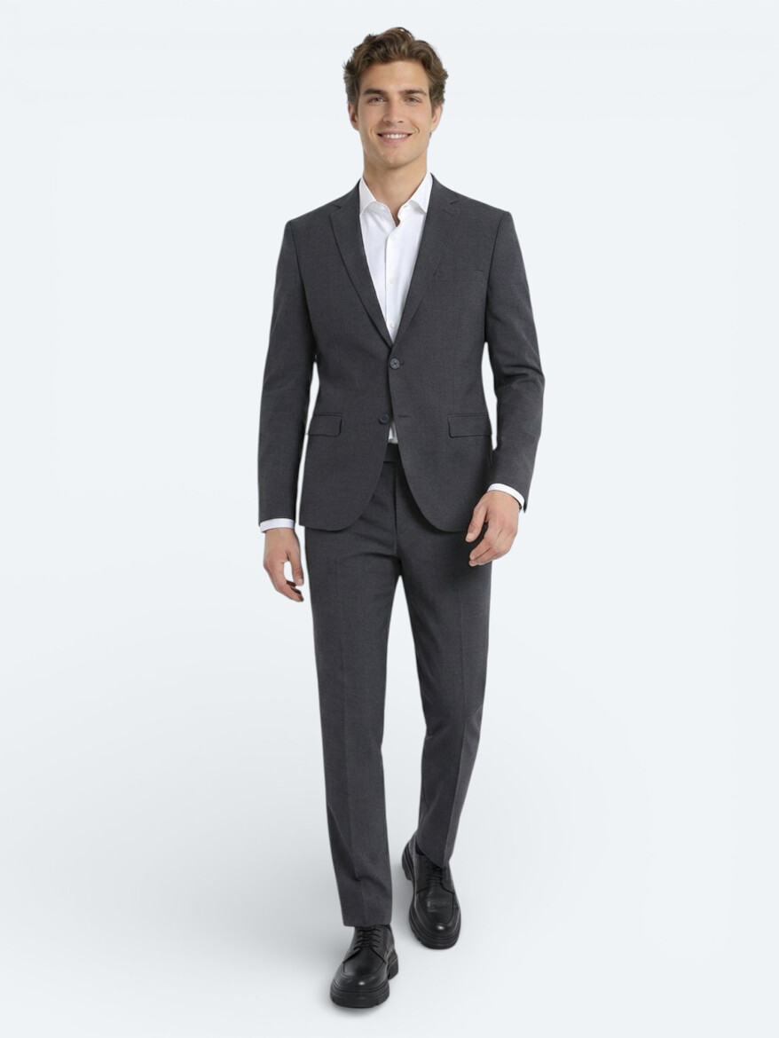 Antrasit Düz Slim Fit Yün Karışımlı Takım Elbise - 2
