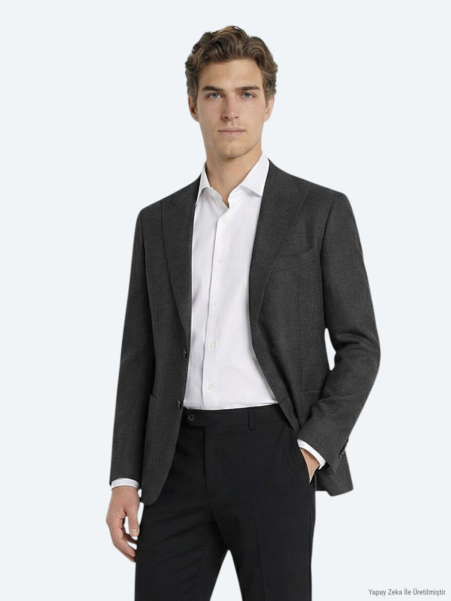 Antrasit Fitilli Modern Fit %100 Yün Ceket - KİP