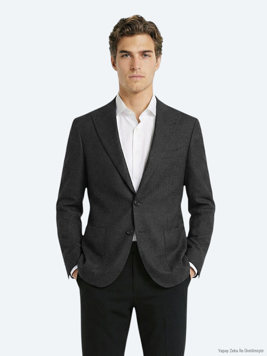 Antrasit Fitilli Modern Fit %100 Yün Ceket - KİP
