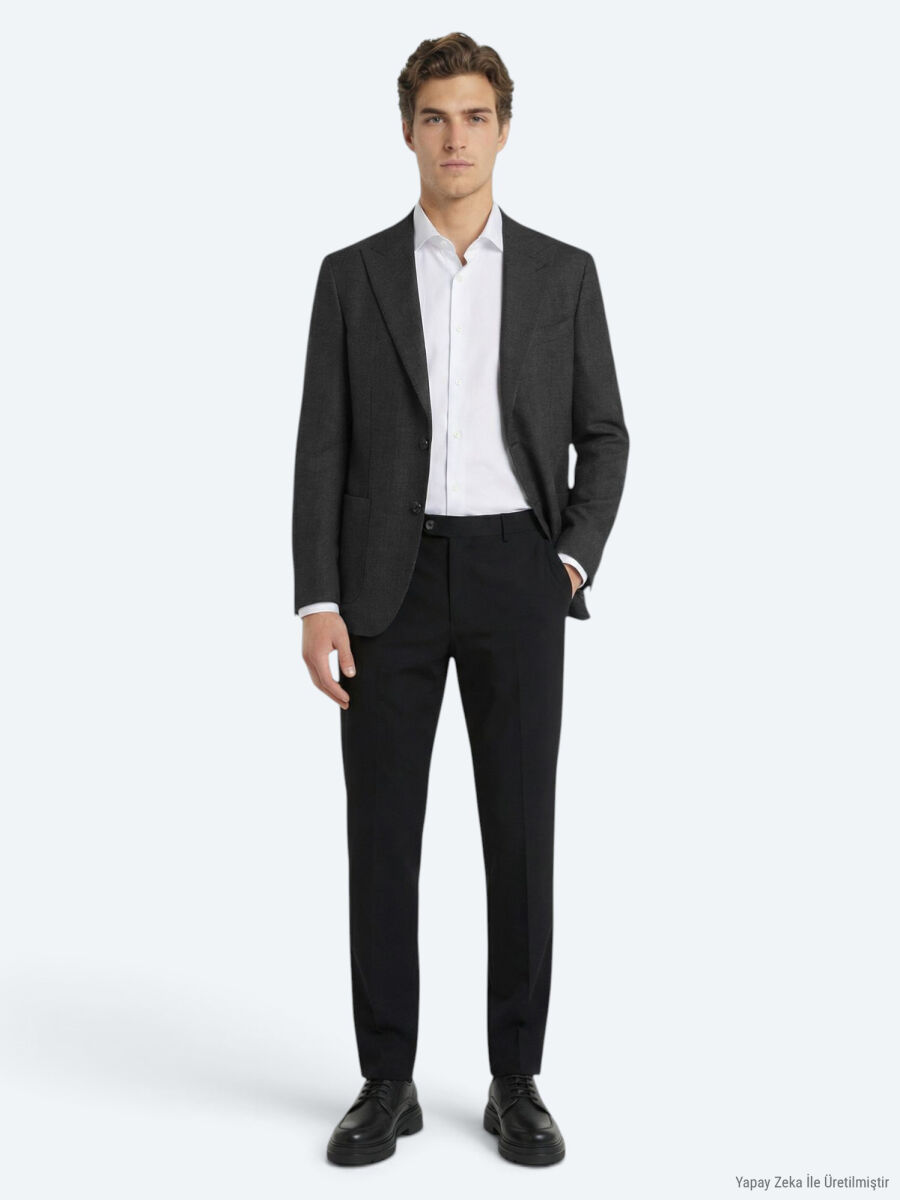 Antrasit Fitilli Modern Fit %100 Yün Ceket - 3