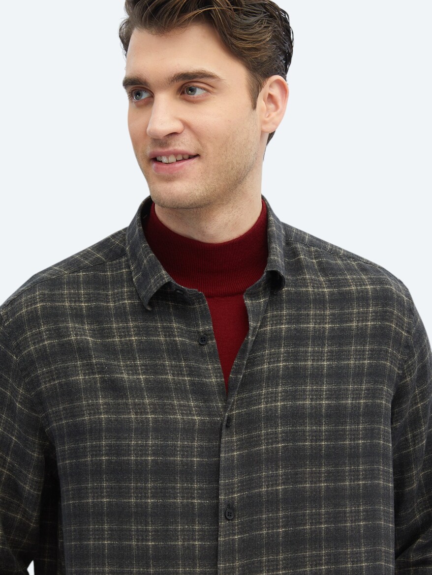 Antrasit Kareli Regular Fit Uzun Dokuma Casual Gömlek - 3