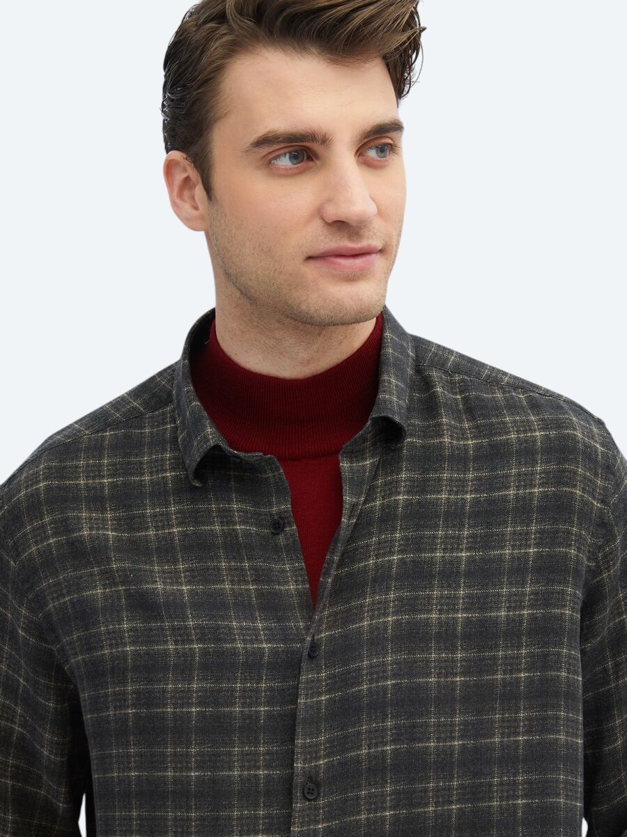 Antrasit Kareli Regular Fit Uzun Dokuma Casual Gömlek - 4