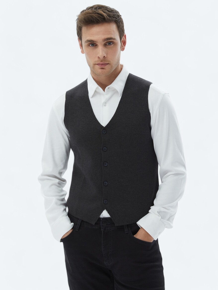 Antrasit Regular Fit Casual Örme Triko Yelek - 1