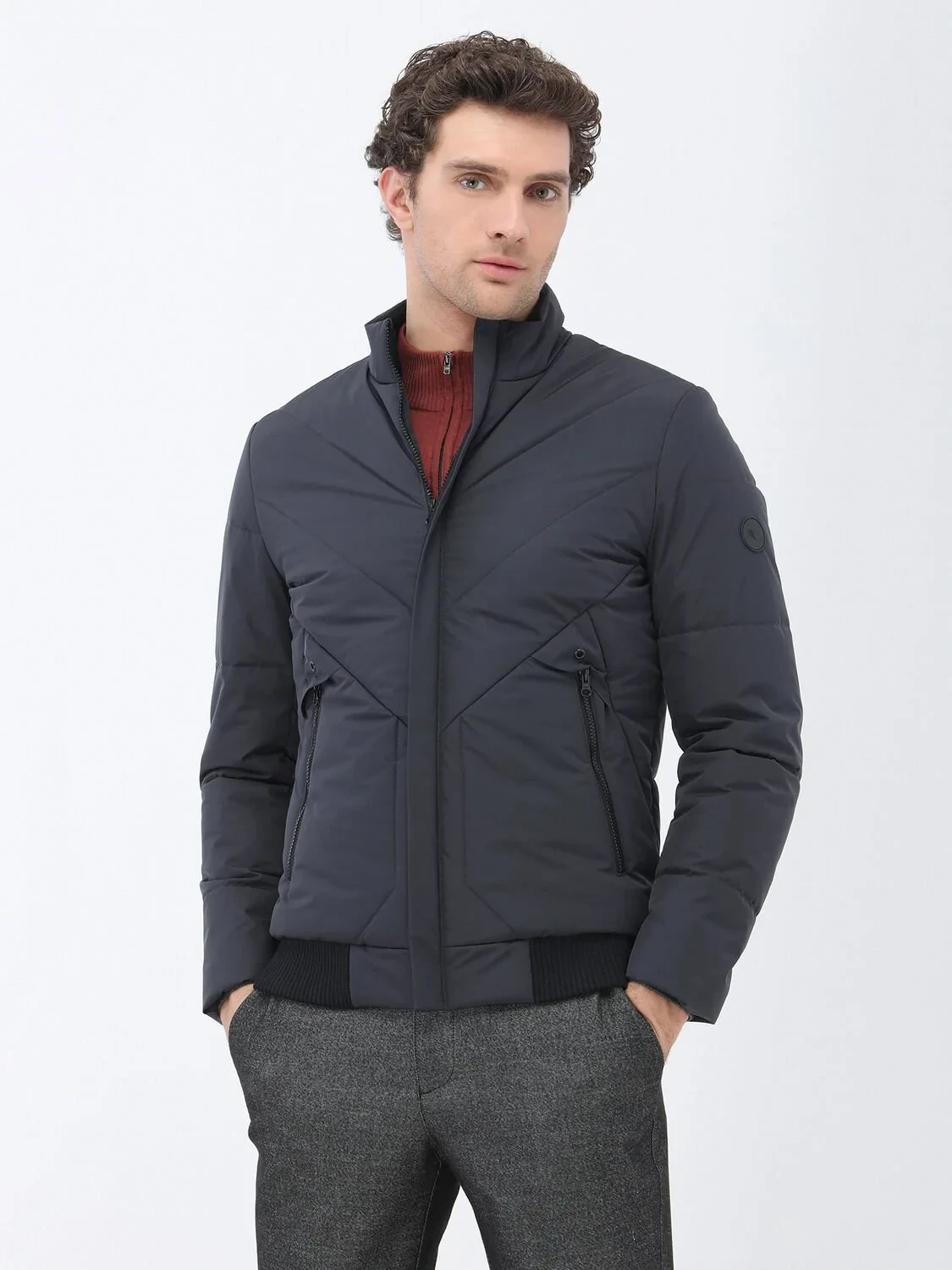 Antrasit Regular Fit Dik Yaka Casual Dokuma Mont - 1
