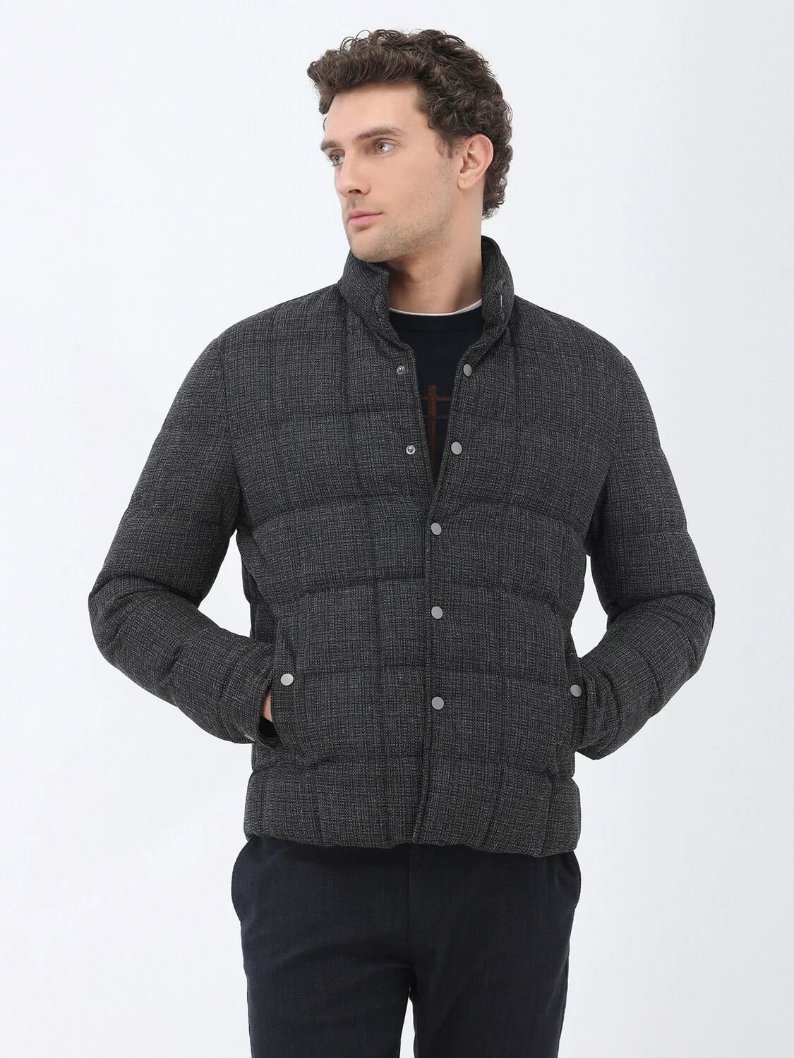 Antrasit Regular Fit Dik Yaka Casual Dokuma Mont - 4