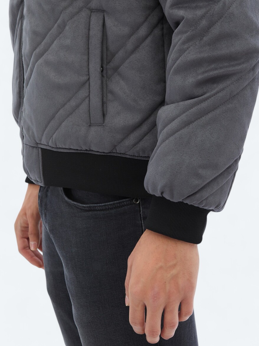 Antrasit Regular Fit Dik Yaka Casual Dokuma Mont - 9