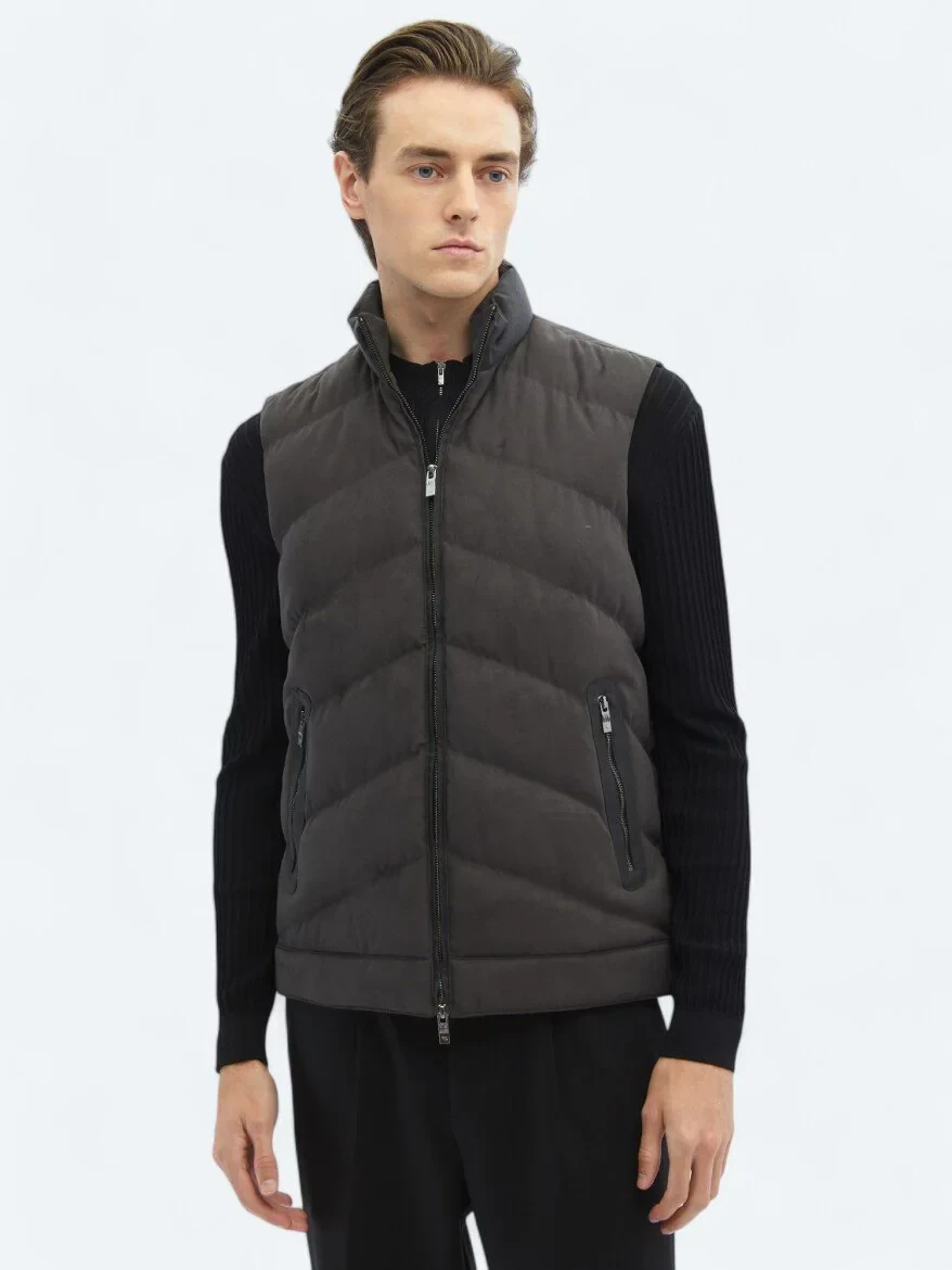 Antrasit Regular Fit Dik Yaka Casual Dokuma Spor Yelek - 3
