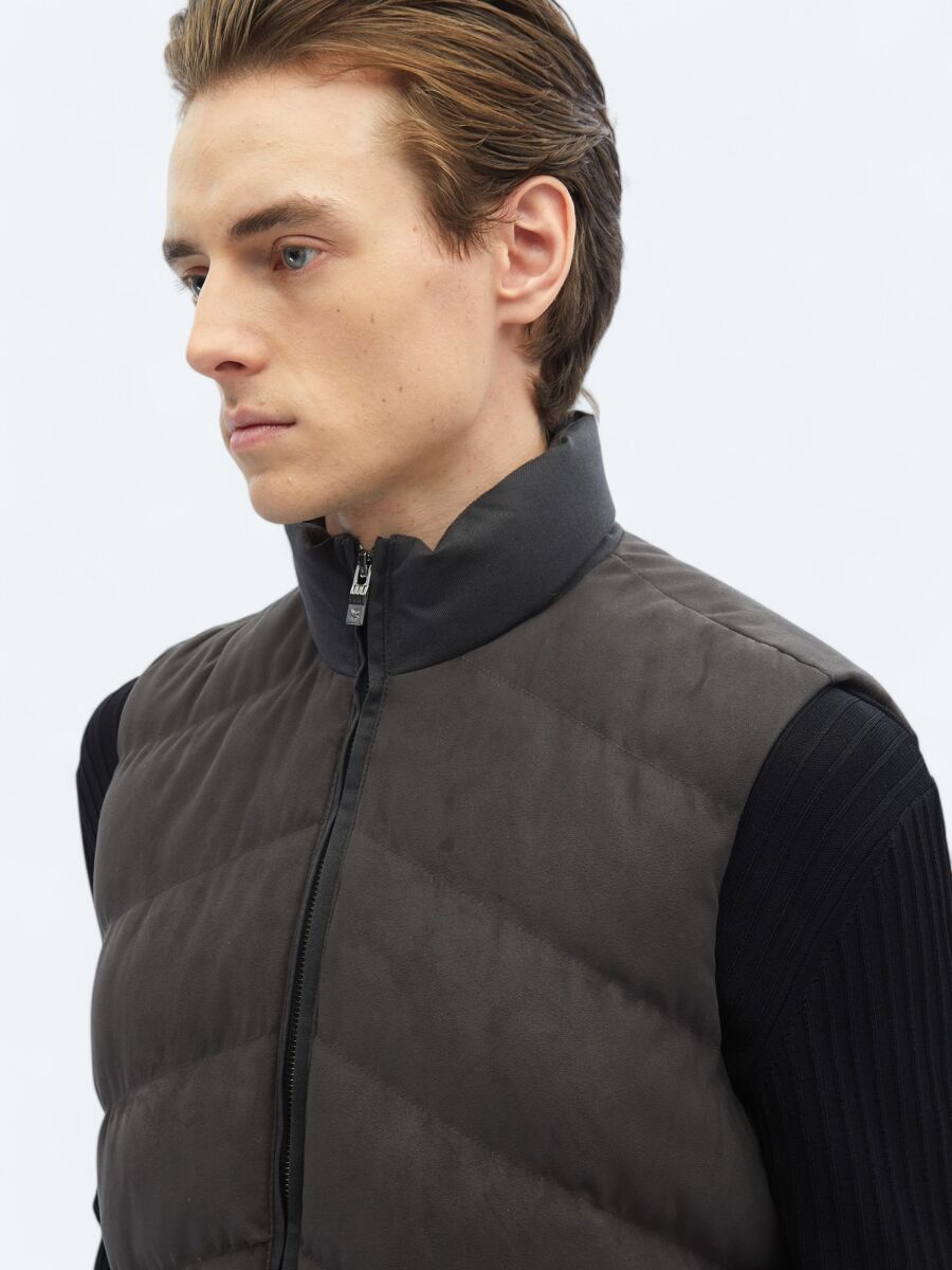 Antrasit Regular Fit Dik Yaka Casual Dokuma Spor Yelek - 4