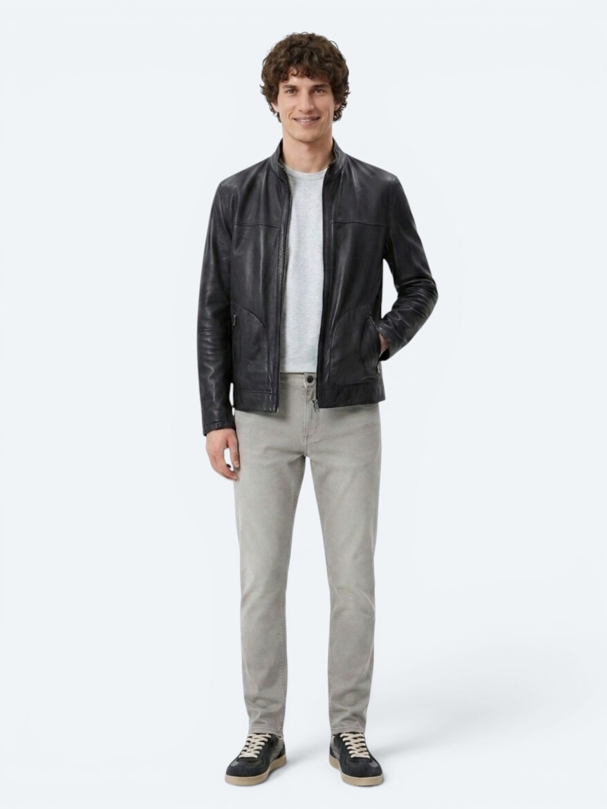 Antrasit Regular Fit Dik Yaka Smart Casual Çift Taraflı Deri Mont - KİP