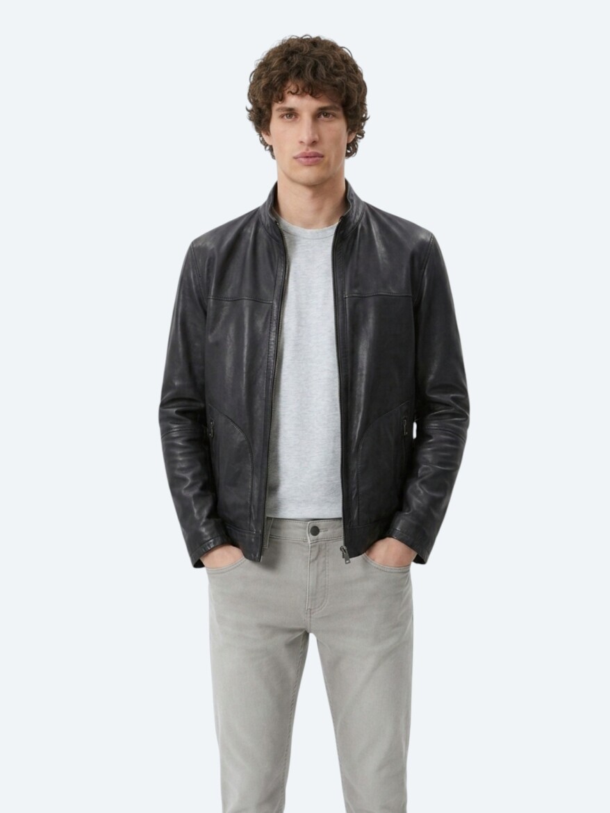 Antrasit Regular Fit Dik Yaka Smart Casual Çift Taraflı Deri Mont - KİP