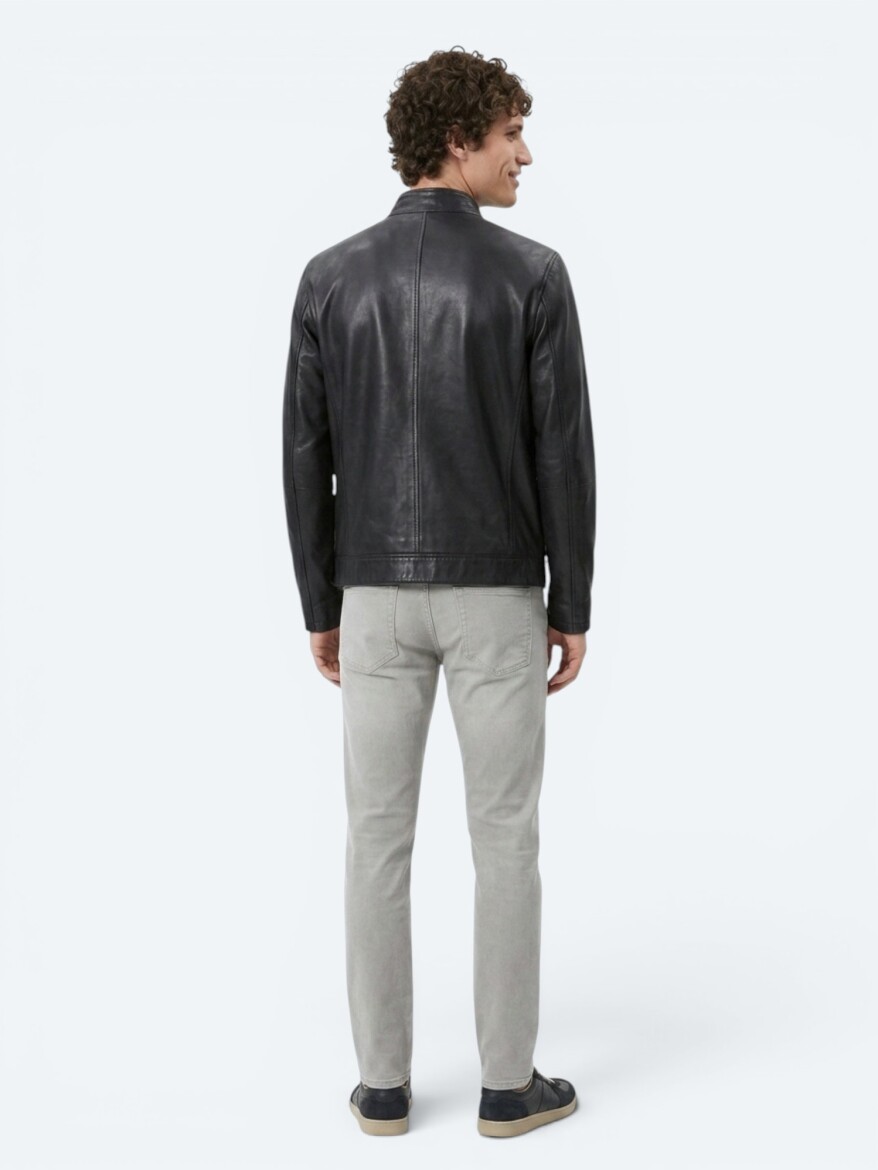 Antrasit Regular Fit Dik Yaka Smart Casual Çift Taraflı Deri Mont - 4