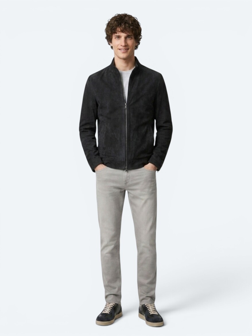 Antrasit Regular Fit Dik Yaka Smart Casual Çift Taraflı Deri Mont - 5