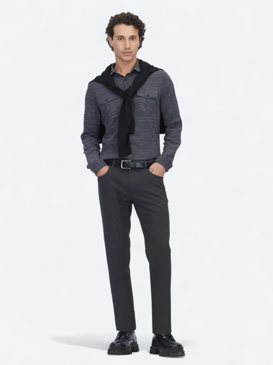 Antrasit Regular Fit Dokuma Casual Pamuk Karışımlı Gömlek - 2